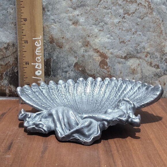 Vintage Cast Metal Trinket Dish Feather Fan Boudoir Lady - Picture 9 of 11
